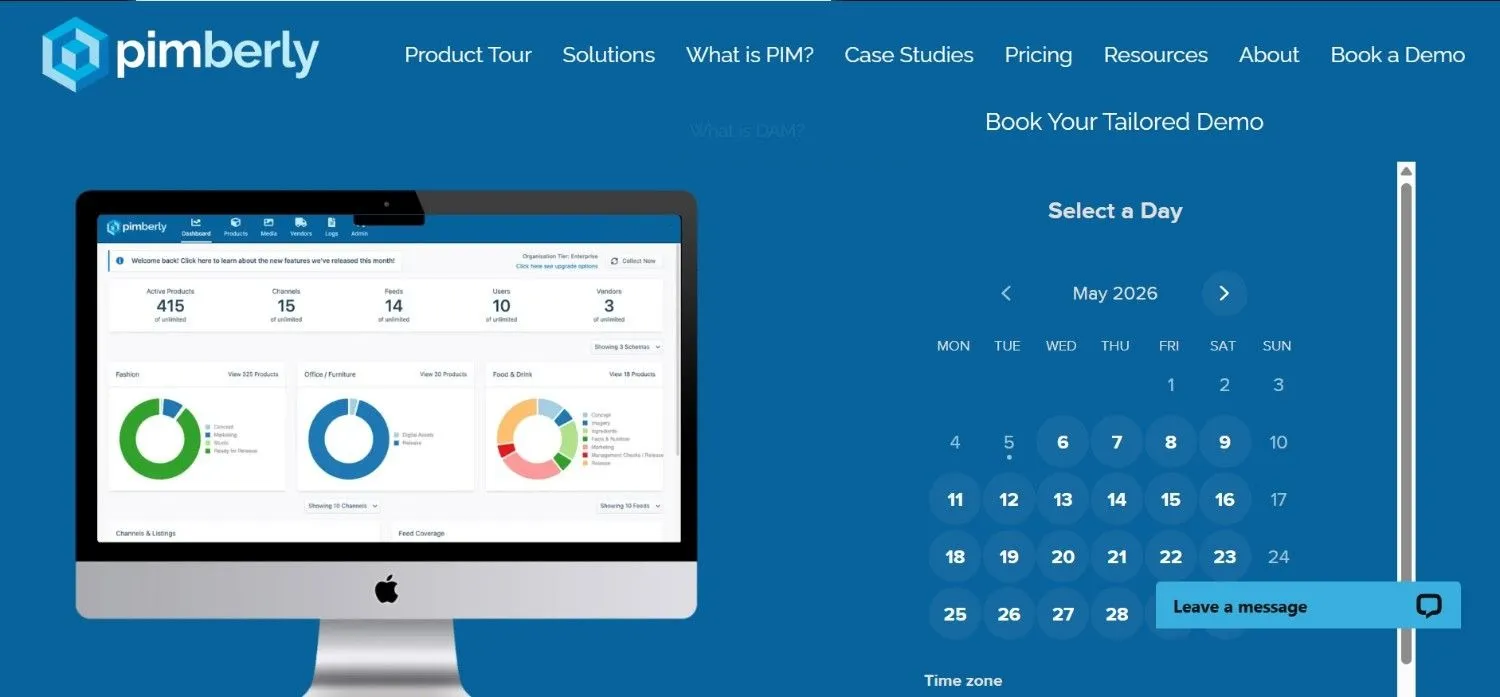 Pimberly dashboard on a desktop screen beside a demo booking calendar