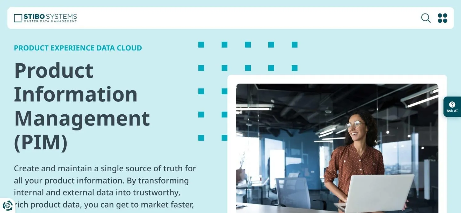 Stibo Systems PIM page from its Product Experience Data Cloud, beside a photo of a woman at a laptop
