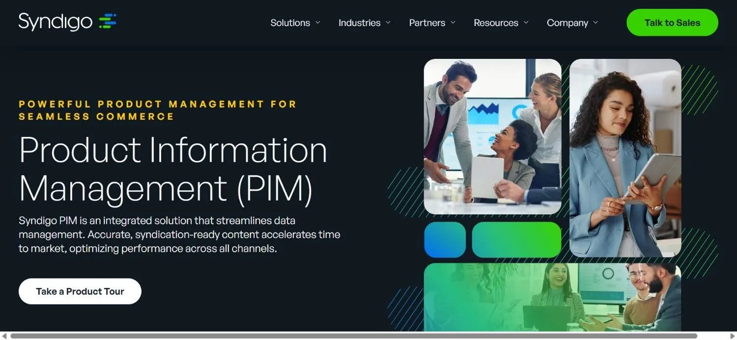 Syndigo PIM page with photos of colleagues working with tablets