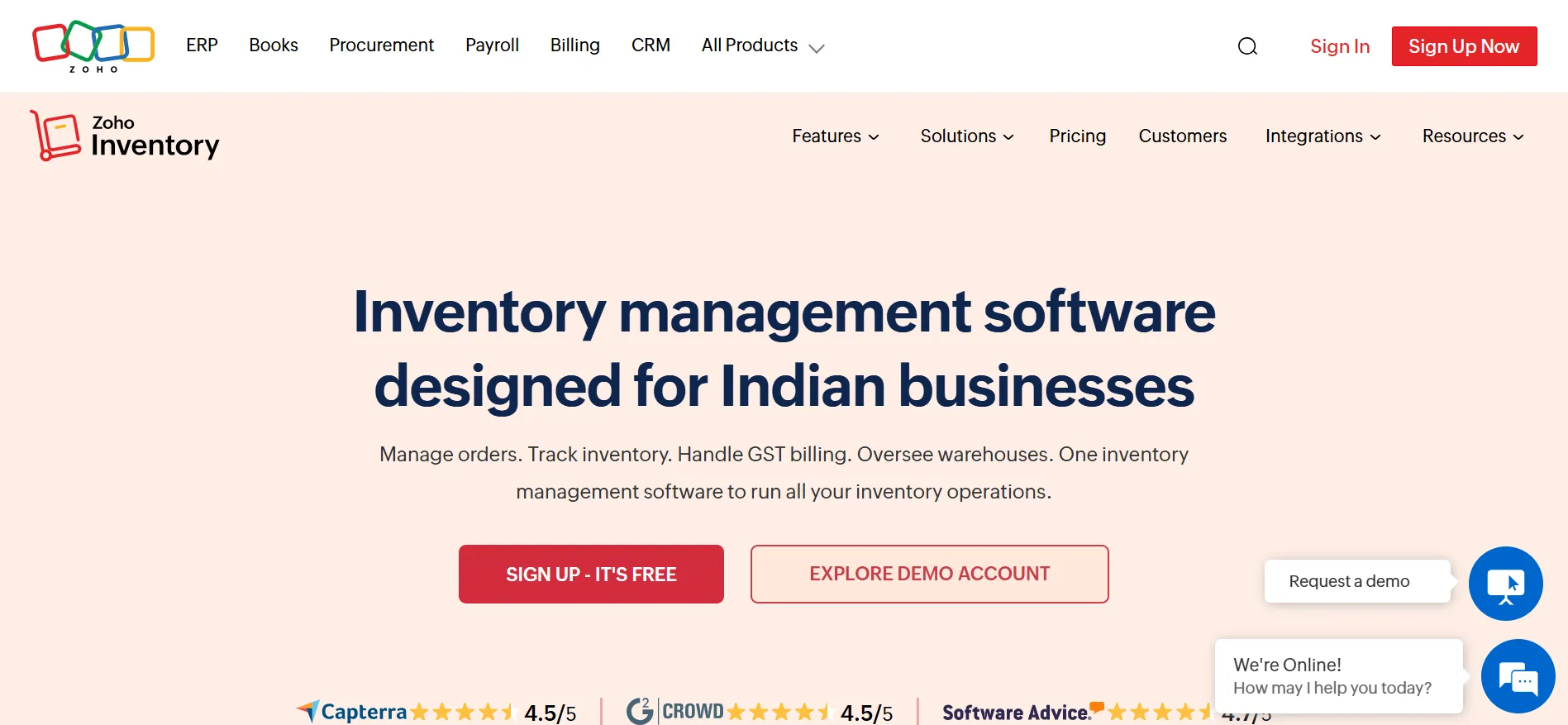 Zoho Inventory homepage for Indian businesses with sign up and demo account buttons