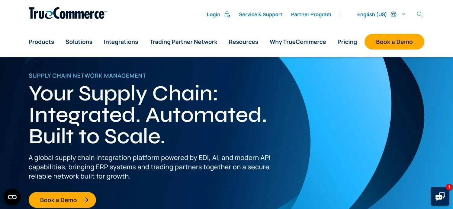 TrueCommerce homepage with its navigation menu and a supply chain network management hero