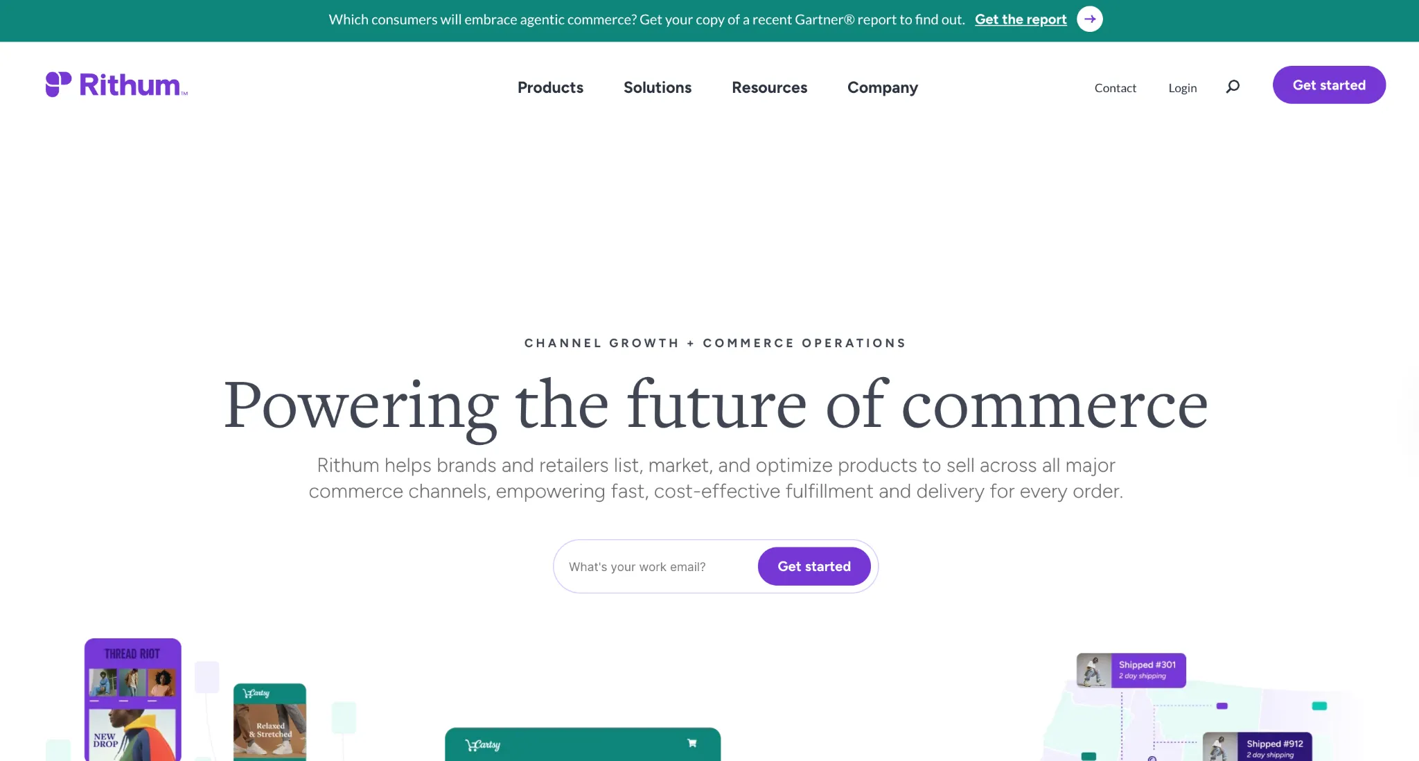 Rithum homepage with a work email field above storefront and shipping graphics