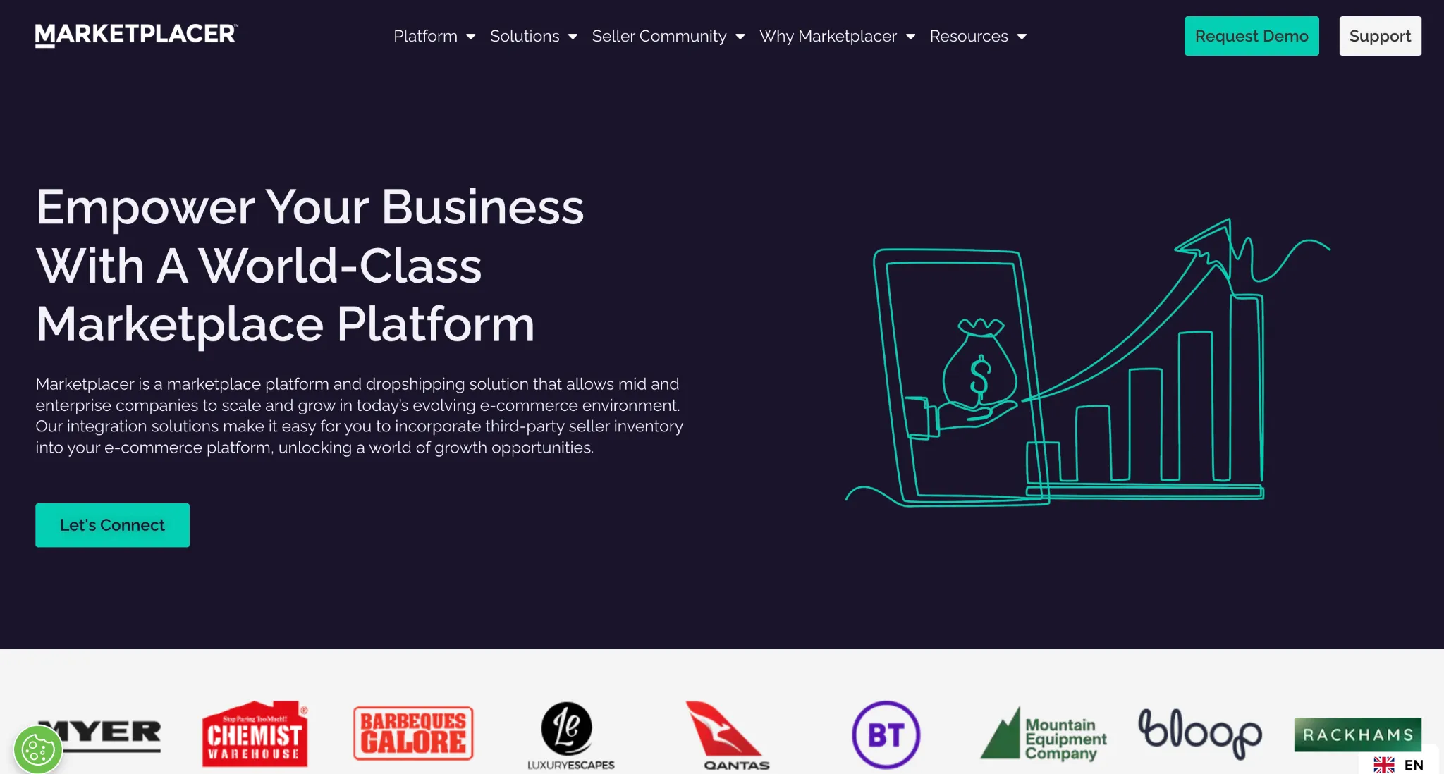 Marketplacer homepage with a line drawing of a growth chart and a row of customer logos