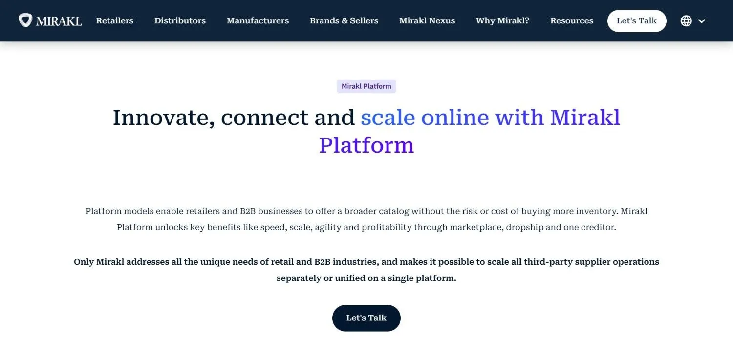 Mirakl Platform page with a centered headline and a Let's Talk button