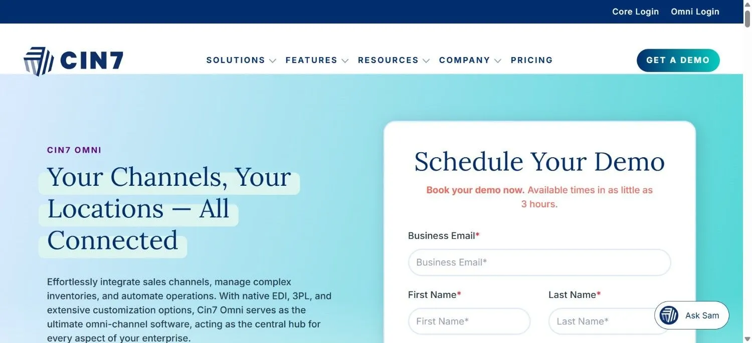Cin7 Omni product page with a Schedule Your Demo form