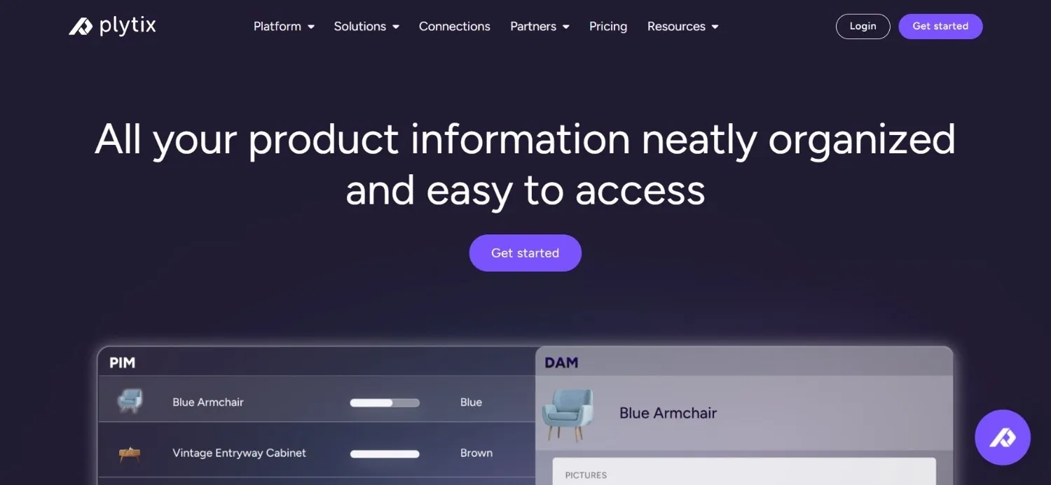 Plytix homepage with a PIM product list beside a DAM view of a blue armchair