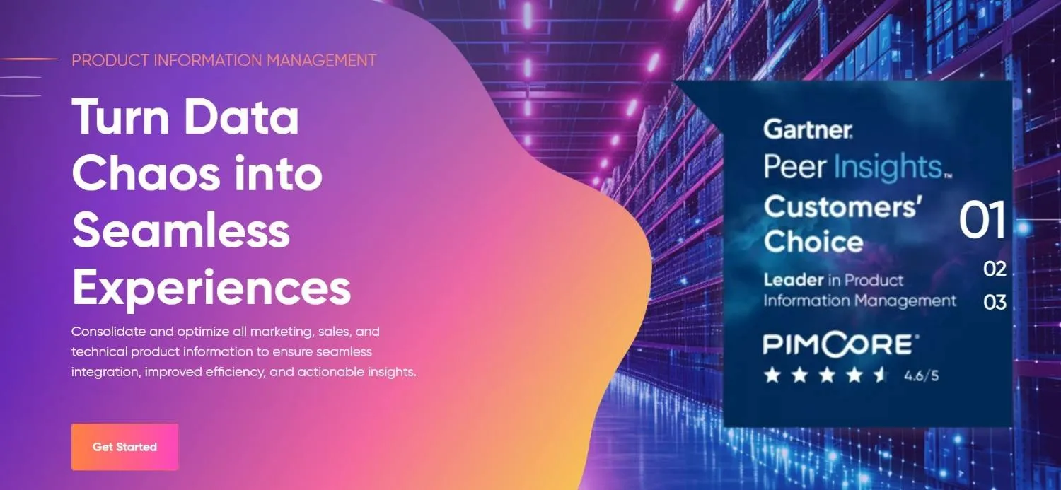 Pimcore product information management page over a data center background