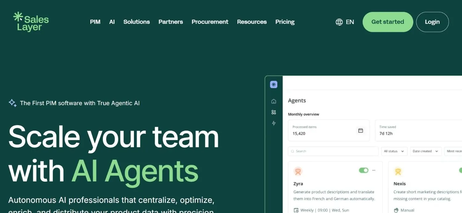 Sales Layer homepage promoting AI agents, with an agents dashboard of processed items