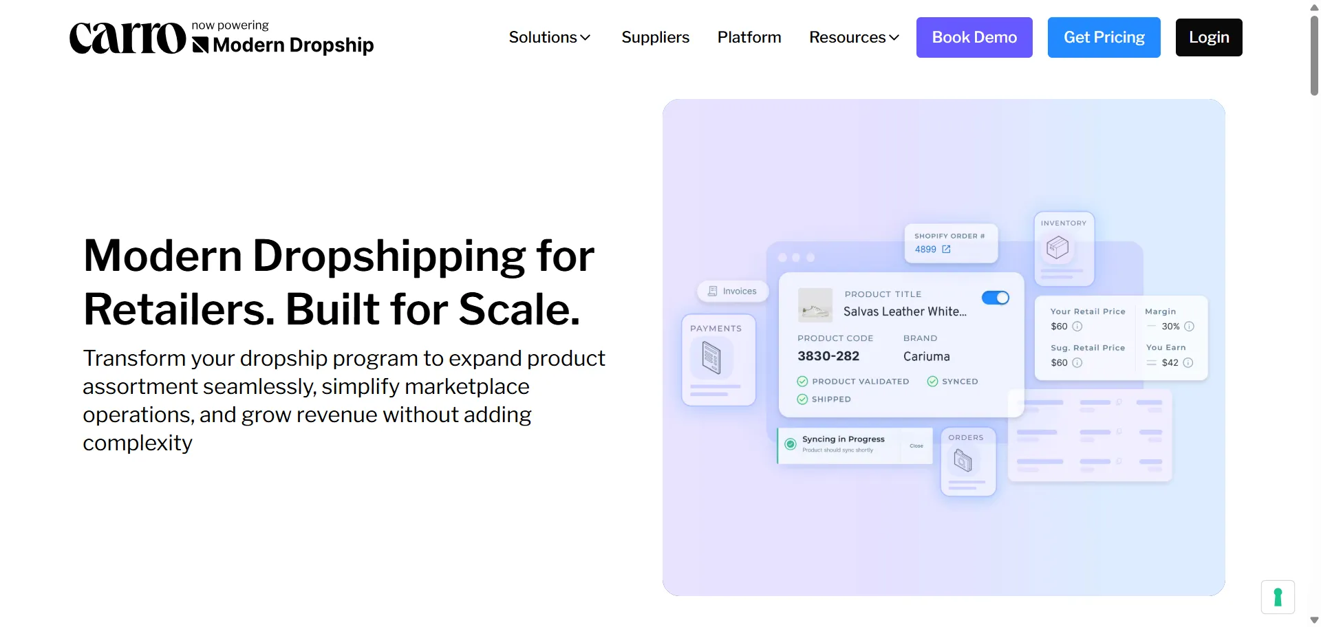 Carro homepage with a dashboard mockup of a synced product, its retail price, and margin