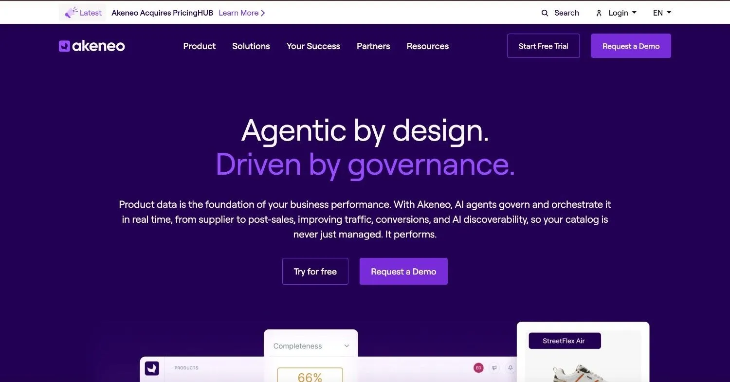 Akeneo homepage with a product completeness score and a sneaker product card