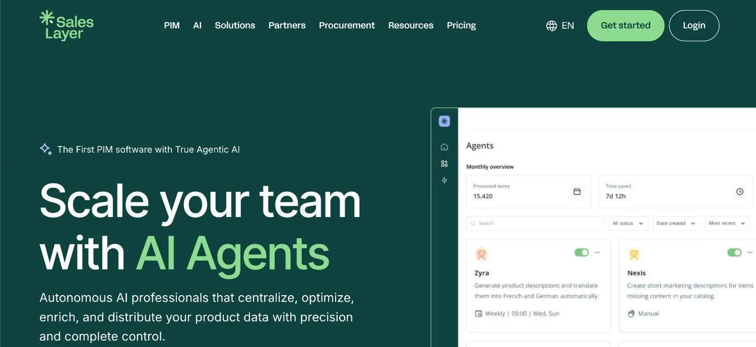Sales Layer PIM page with an AI agents dashboard of product content tasks