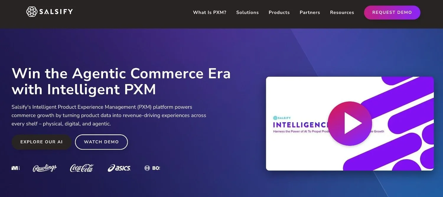 Salsify PXM page with a demo video and customer logos