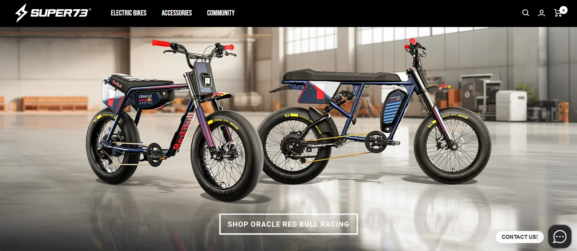 Super73 storefront homepage with Electric Bikes and Accessories menus and two Red Bull Racing e-bikes